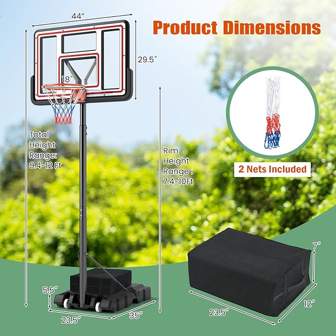 Giantex Portable Basketball Hoop Outdoor - 7.4-10 FT Height Adjustable Basketball Goal System w/ 44 Inch Shatterproof PC Backboard, Fillable Base, Basketball Hoop Indoor for Adults, Backyard, Driveway