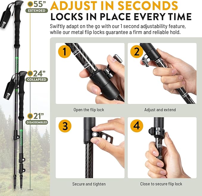 100% Carbon Fiber Trekking Poles by USA Brand - Ultra Strong Lightweight Collapsible Hiking Poles with Cork and EVA Foam Grips & Quick Adjustable Flip Locks