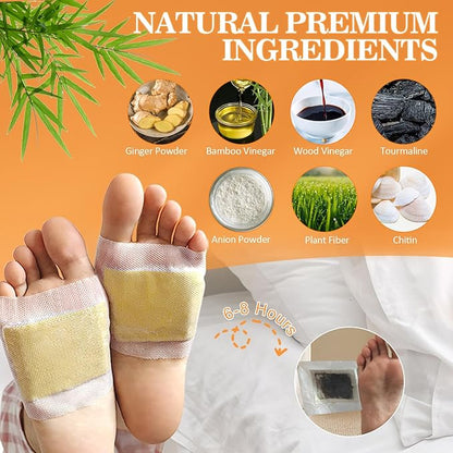 2 in 1 Ginger Foot Pads, 40Pads Tear and Use, Premium Natural Ingredients Ginger Powder, Bamboo Vinegar FootPads with ''Stay in Place'' Adhesive Pads Sheet (40 Pads)