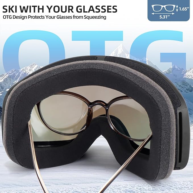 Freela Ski Goggles OTG Men Women, Over Glasses Snow Snowboard Sports Goggles for Adult Youth 100% UV400 Protection Anti Fog