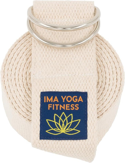 Adaptive Yoga Strap, Stretching Strap, 2 Inches Wide, 100% Naturally Soft Cotton, Steel D-Rings, Includes Natural Cotton Drawstring Storage Pouch and Instructional E-Book