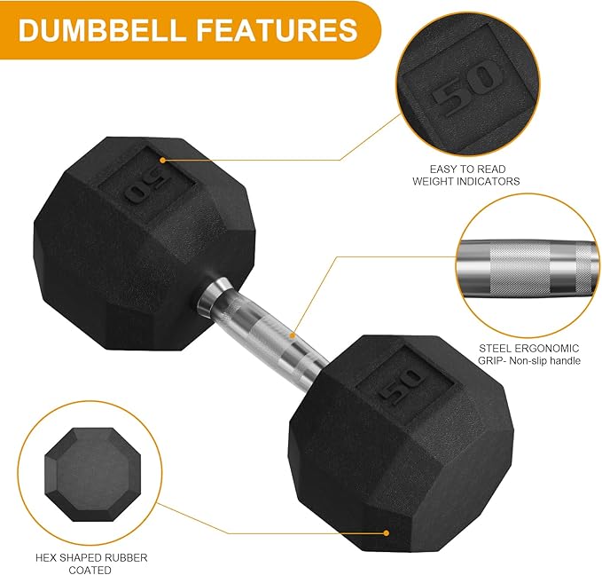 Rubber Coated Hex Dumbbell Weight Set, Multiple Sizes Exercise & Fitness Dumbbells,100LB Set,110LB Set,200LB,350LB,450LB,550LB, 35-50Lbs Pairs for Muscle Toning, Strength Building & Full Body Workout