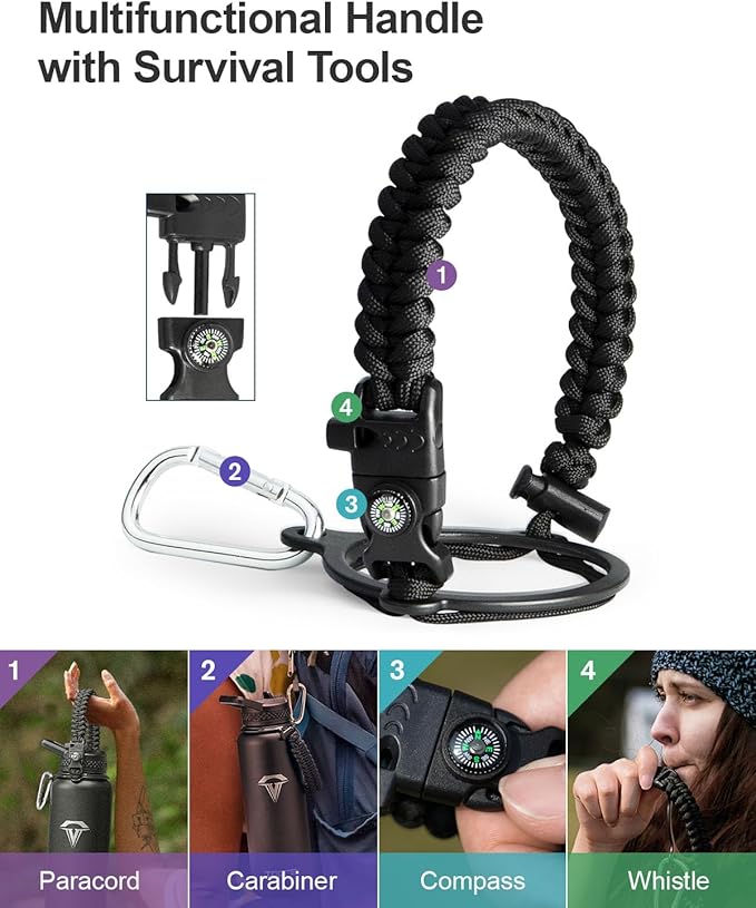 40oz Insulated Water Bottle,Stainless Steel Vacuum Water Bottle, BPA-Free & Leakproof -with Paracord Handle,Strap,Straw Spout Lids,Large Water Jug for Gym Sports