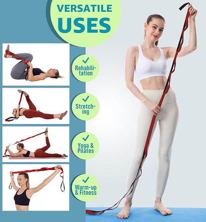 Gradient Fitness Therapy Stretching Belt, 12 Circle Multi Ring Stretching Belt (1.5 inches wide x 86.6 inches long), Therapy Equipment, Yoga Stretcher Strap,Leg Stretcher. Equipped with arch foot pads and pointed massage balls(RED)