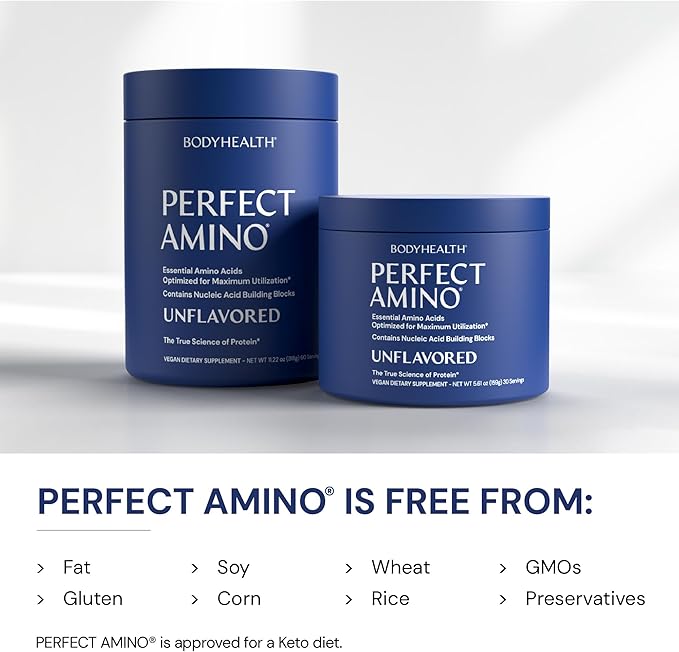 BodyHealth PerfectAmino Powder - BCAA and EAA Powder for Pre and Post Workout - Amino Acid Energy Drink for Men and Women to Support Lean Muscle and Recovery - Unflavored - 60 Servings