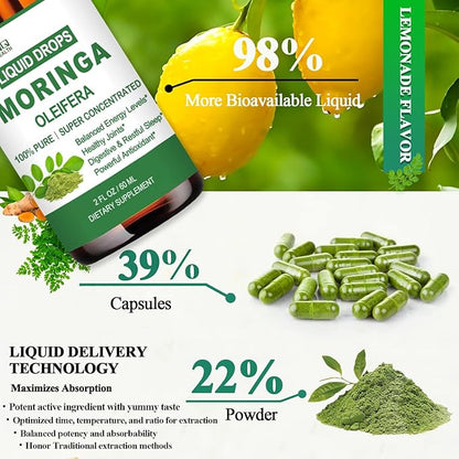 2 Pack Organic Moringa Liquid Drops, Fast-Absorbing Leaf Extract with Turmeric, Black Pepper & Vit C Immune Energy Metabolism & Joint Support丨6x Potency vs Powder Capsules丨Natural Superfood Supplement