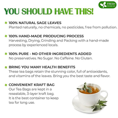 FreshDrinkUS, Premium 15 Sage Leaf Tea Bags, 100% Natural & Pure from Sage Leaves. Loose Leaf Sage Herbal Tea. Made with Natural Material Tea Bags. No Sugar, No Caffeine, No Gluten, Vegan.
