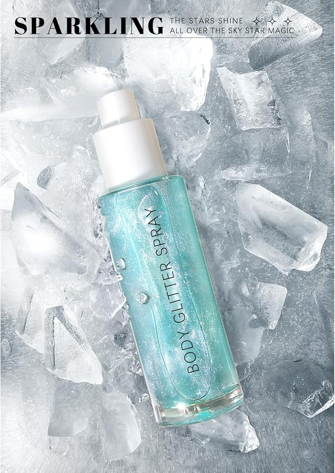 Body Glitter Spray, Moisturizing Bronze Body Shimmer Luminizer Glow Illuminator Quick-Drying and Non-Sticky Liquid Highlighter Spray for Face Hair Glitter, 60ML -Blue