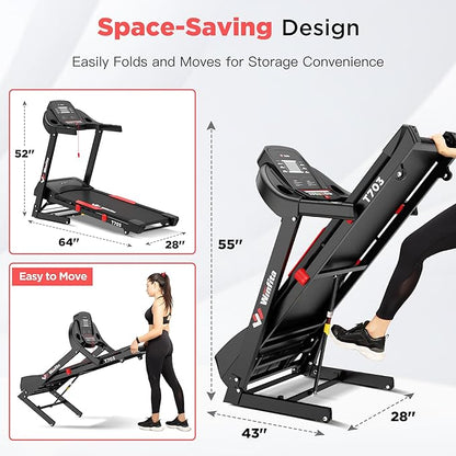 Treadmills for Home, Folding Treadmill with Auto Incline, 300 LBS Capacity, 8MPH or 10MPH Max Speed, Double Deck Shock-Absorbing Running Machine with Bluetooth, App, 64 Programs, Pulse Monitor