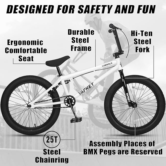Freestyle BMX Bike, 20 Inch Yaphet Bicycle for Teen Beginner and Adult Riders, Bike with Hi-Ten Steel Frame, Multiple Colors