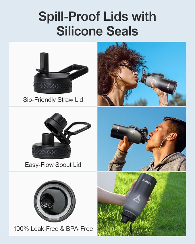 32oz Insulated Water Bottle,Stainless Steel Vacuum Water Bottle, BPA-Free & Leakproof -with Paracord Handle,Strap,Straw Spout Lids,Large Water Jug for Gym Sports