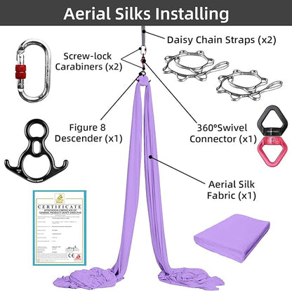 PRIOR FITNESS Aerial Silks Kit Colorful 9/15/20 Yards 40D Nylon Fabric Hammock Set With Hardware & Guide for All Levels Of Aerial Yoga Practice and Acrobatic Flying For Adults Aerial silk