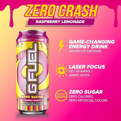G Fuel Energy Drink, Raspberry Lemonade, Sugar Free Beverage with 300mg Caffeine, Daily Energy Boost with Focus Amino, Vitamin + Antioxidants, 16 oz Cans (Hype Sauce, 12-Pack)