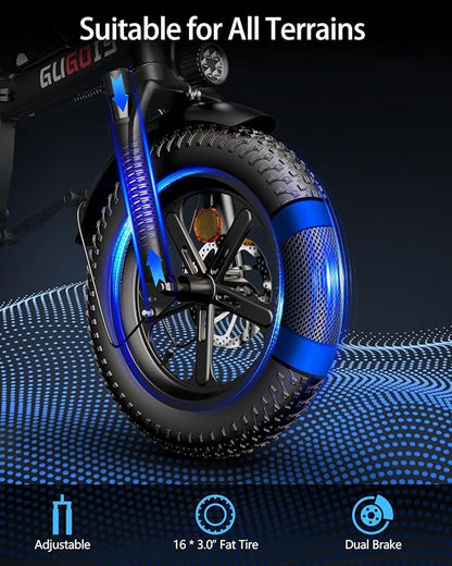 2 Seater Electric Bike for Adults,Mini Bike 500/750 Motor,28MPH,48V/15AH Removable Battery,25-30Miles 16" Fat Tire Commuter Ebike,Full Suspension Foldable Electric Bicycles for Adults Teens