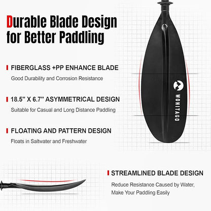 Kayak Paddle Premium Carbon Fiber Paddle with Reinforced PP + Fiberglass Blade, Floating Adjustable Kayaking Oars, 3 Piece, 220-240 cm/86-94 Inches, 240-260 cm/94-102 Inches
