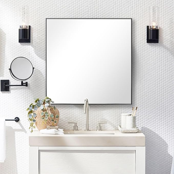 24x24 Inch Black Bathroom Mirror for Wall, Aluminum Frame Rectangle Rectangular Vanity Mirror, Modern Large for Bedroom, Living Room, Horizontal or Vertical