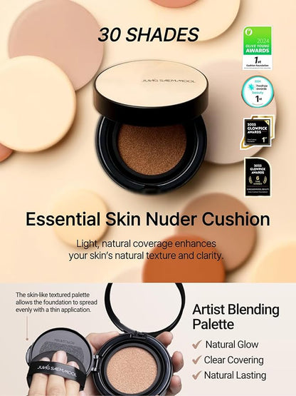 JUNG SAEM MOOL Essential Skin Nuder Cushion 10N Shell Cream 0.49 Fl Oz, No Refill, Natural Radiant Finish Cushion Foundation with Buildable Coverage, Lightweight Texture, Korean Foundation Makeup