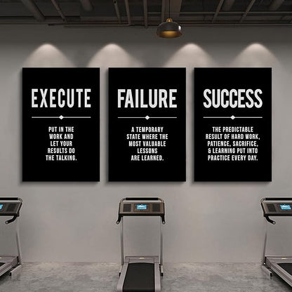 Framed Canvas Wall Art Success Quote, Office Wall Art, Black Large Poster, Positive Motivational Set of 3 Prints, Execute Failure Definition, Inspirational Print (A-3pcs,20x30inchx3pcs)