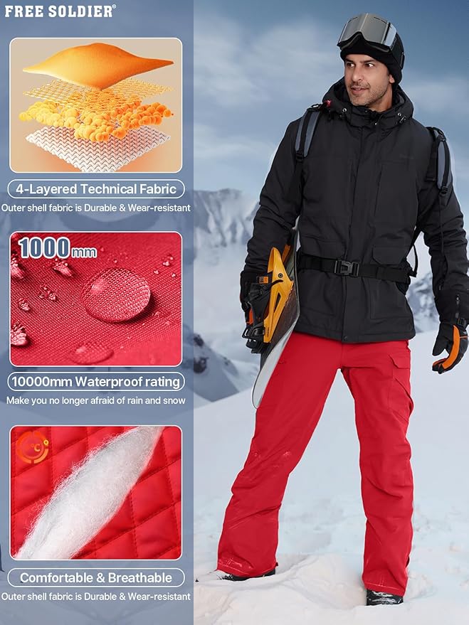 FREE SOLDIER Men's Waterproof Snow Insulated Pants Winter Skiing Snowboarding Pants with Zipper Pockets
