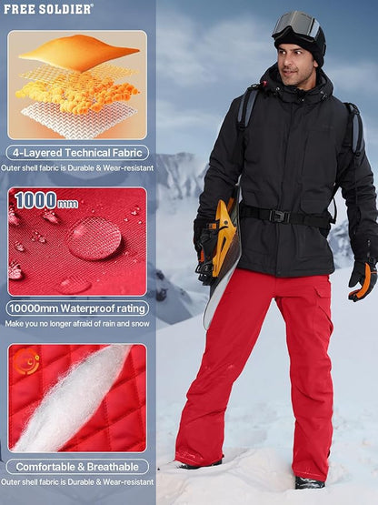 FREE SOLDIER Men's Waterproof Snow Insulated Pants Winter Skiing Snowboarding Pants with Zipper Pockets