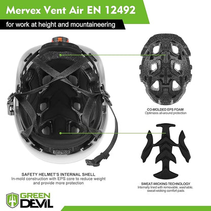 GREEN DEVIL Safety Helmet Hard Hat with Chin Strap Vented Lightweight Adjustable Hardhat for Men Women with Hi-Viz Design Ideal for Tree Climbing Work at Height