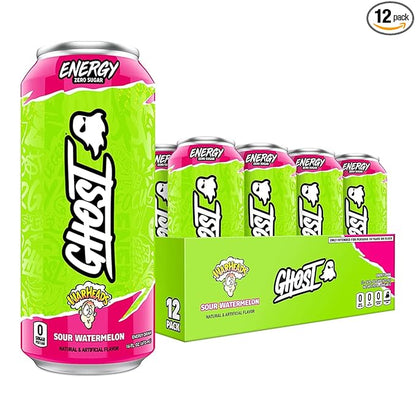 GHOST Energy Drink - 12-Pack, Warheads Sour Watermelon, 16oz - Energy & Focus & No Artificial Colors - 200mg of Natural Caffeine, L-Carnitine & Taurine - Gluten-Free & Vegan