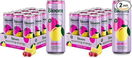 Bloom Nutrition Sparkling Energy Drink for Focus, Natural Caffeine, Zero Sugar, 180mg Caffeine, Antioxidant-Rich with Green Coffee Bean, Green Tea Extract, & Prebiotics, Raspberry Lemon 12oz 24 Pack