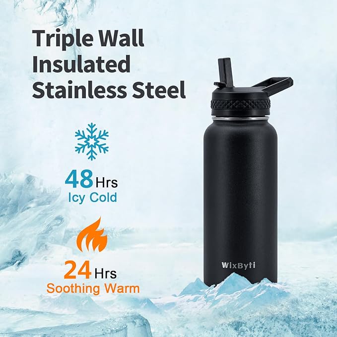 32 oz Insulated Water Bottle with Straw (Cold for 48 Hrs), Stainless Steel Triple Wall Vacuum Sports Water Jug, Leakproof Hydro Cup Flask with Paracord Handle & Straw Spout Lids & DIY Stickers