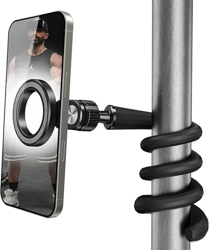 Flexible Gym Phone Holder for Peloton Treadmill Spin Bike - Gooseneck Magnetic Phone Mount for iPhone MagSafe Samsung, Wrap Around Phone Stand for Stroller/Desk/Shopping/Women Men Gym Gifts