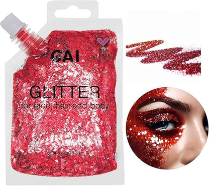 Hair Glitter Gel – Body Glitter for Kids and Women – Iridescent Holograph Cosmetic-Grade Gel w/Moon & Stars for Hair, Body & Face, Applies Smoothly w/o Glue & Washes Off Easily, 3 Oz - Red 2Pack