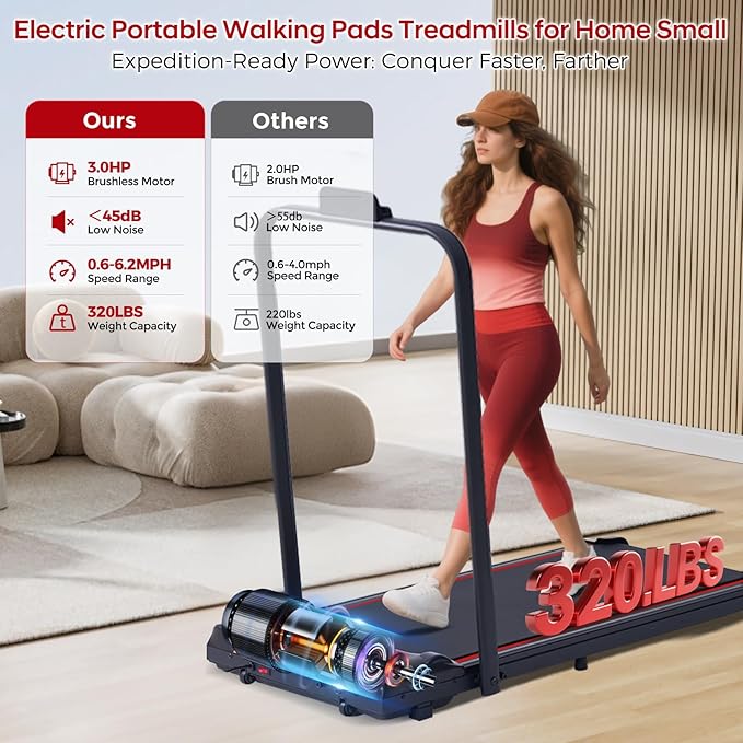 Walking Pad with Handle Bar, 3.0HP Compact Portable Walking Pad Treadmills for Home Small with Handles, 0.6-6.2MPH Electric Small Under The Desk Treadmill for Small Space, 320LBS