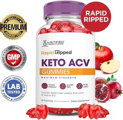 Justified Laboratories (3 Pack Rapid Ripped Keto ACV Vegan Non GMO 180 Gummies