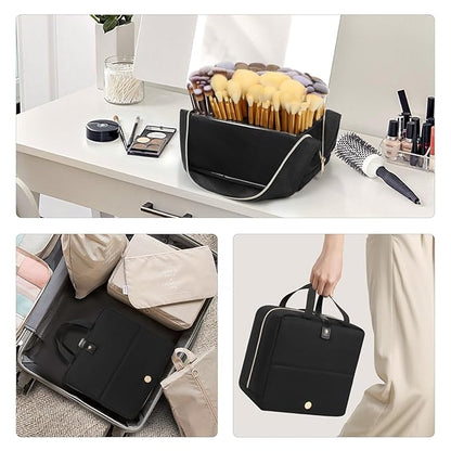 Large Makeup Brush Holder, Portable Stand-up Makeup Brush Organizer Bag, Foldable Makeup Brush Travel Case with Detachable Dividers, Professional Artist Makeup Brush Storage Bag (Brushes Not included)