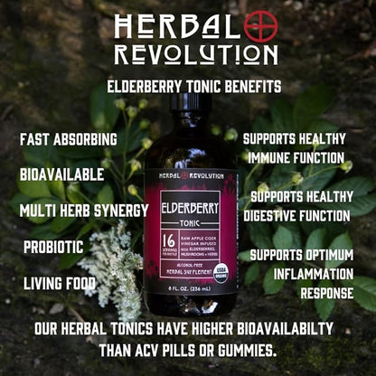 Herbal Revolution Elderberry Tonic - Certified Organic Non-GMO Apple Cider Vinegar Infused with Cinnamon Bark, Raw Honey, Ginger & More - Made Using Regenerative Farming Practices - 8 Oz