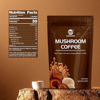 GANOHERB Instant Mushroom Coffee Powder, Arabica Coffee Mix with 5 Adaptogen Mushrooms, Lions Mane, Reishi, Chaga, Cordyceps, Shiitake and MCT Oil for Energy and Focus, 6.35oz, 30 Servings