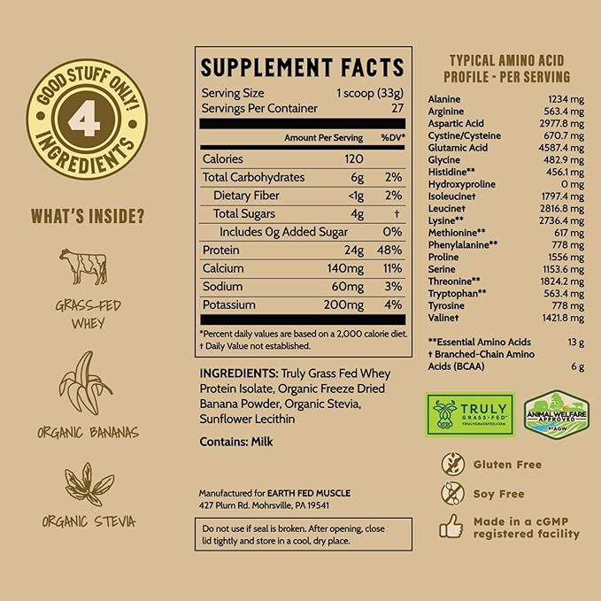 Earth Fed Muscle Go! Bananas Irish Grass‑Fed Whey Protein Isolate – All Natural Banana Flavor, Zero Added Sugar, Soy‑Free, Gluten‑Free (2lb, 27 Servings, Banana)