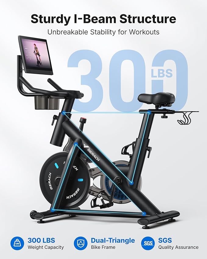 MERACH Exercise Bike, Brake Pad Stationary Bike with Exclusive App, Low Noise Indoor Cycling Bike with 300lbs Weight Capacity, Tablet Mount and Fitness Courses for Weight Loss