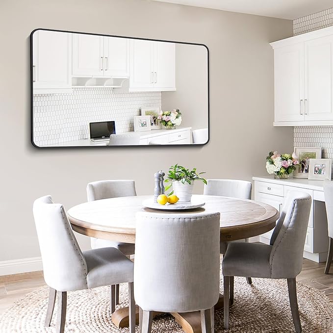 FORBATH Large Bathroom Mirror 36 x 55 Inches，Black Large Wall Mirror Aluminum Frame Wall Mounted Rounded Corner Morndern Mirror for Bathroom Bedroom Entryway Living Room