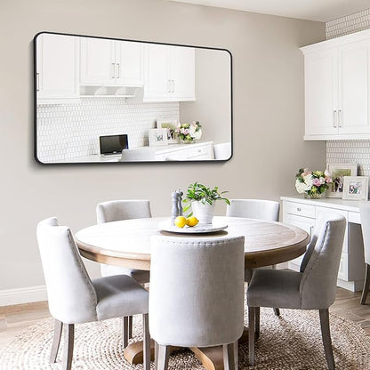 FORBATH Large Bathroom Mirror 36 x 55 Inches，Black Large Wall Mirror Aluminum Frame Wall Mounted Rounded Corner Morndern Mirror for Bathroom Bedroom Entryway Living Room