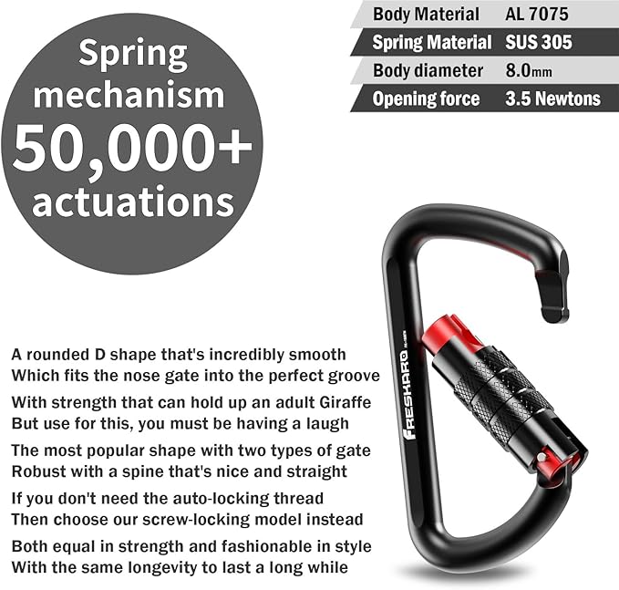 FresKaro 3inch 12kN-2698lbs Auto Locking Carabiner Clips, Solid D Shape, Heavy Duty 7075 Aluminum, Lightweight 1.09oz, Rust Proof, for Hammock, Hiking, Dog Leash, Keychain etc., Multi-Colors