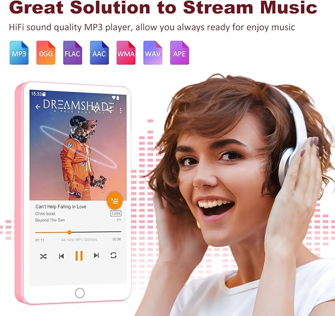 144GB MP3 Player with Bluetooth WiFi, Android 13 OS MP3 MP4 Player with 4" Touchscreen and Speaker, MP3 Music Players with Spotify, Audible, Amazon Music, Play Store (Pink)