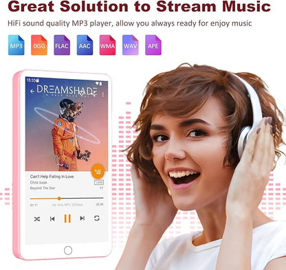 144GB MP3 Player with Bluetooth WiFi, Android 13 OS MP3 MP4 Player with 4" Touchscreen and Speaker, MP3 Music Players with Spotify, Audible, Amazon Music, Play Store (Pink)