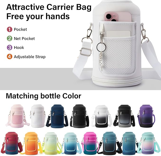 Insulated Water Bottle | Thickened Stainless Steel Vacuum Metal | Portable Sports Half Gallon Large Water Jug for Gym and Hiking with Straw, Carrier Bag, Handle Strap | BPA-Free 64 oz