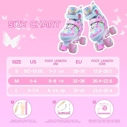 Kids Roller Skates for Girls-Outdoor 4 Size Adjustable Butterfly Quad Rollerskates for Indoor Ages 3-12 Years Beginners Children's Birthday Gift with Light Up Wheels patines para niñas Indoor