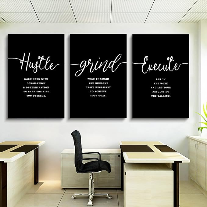 Hustle Quotes Execute Prints, Framed Canvas Wall Art Success Quote, Office Wall Art, Black Large Poster, Positive Motivational Set of 3 Prints, Boss Gift (F-3pcs,20x30inchx3pcs)