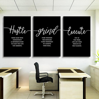 Hustle Quotes Execute Prints, Framed Canvas Wall Art Success Quote, Office Wall Art, Black Large Poster, Positive Motivational Set of 3 Prints, Boss Gift (F-3pcs,20x30inchx3pcs)