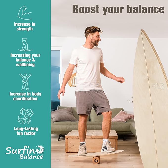 Board - unique board incl. corc roller, corc hemisphere and balance ball - surf balance board - balance training - balance board kids - balance board wood