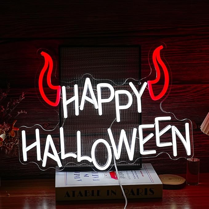 Happy Halloween Neon Sign - Dimmable LED Red Little Corner Light for Wall Decor - USB Powered for Halloween Decoration, Home Spooky Party, Bedroom Decor