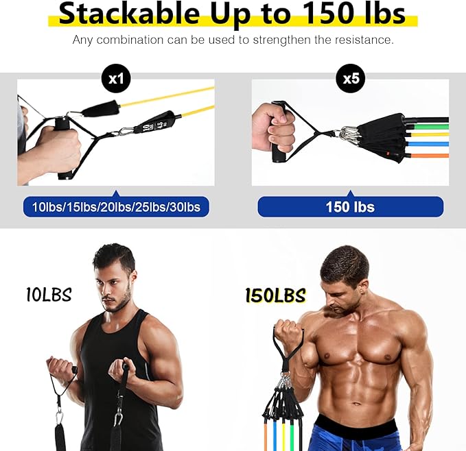 Resistance Bands Set, Workout Bands with Handles, Door Anchor, Ankle Straps and Carry Bag, Exercise Bands for Shape Body and Home Workouts