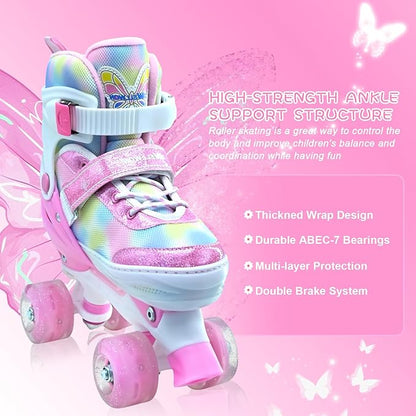 Kids Roller Skates for Girls-Outdoor 4 Size Adjustable Butterfly Quad Rollerskates for Indoor Ages 3-12 Years Beginners Children's Birthday Gift with Light Up Wheels patines para niñas Indoor